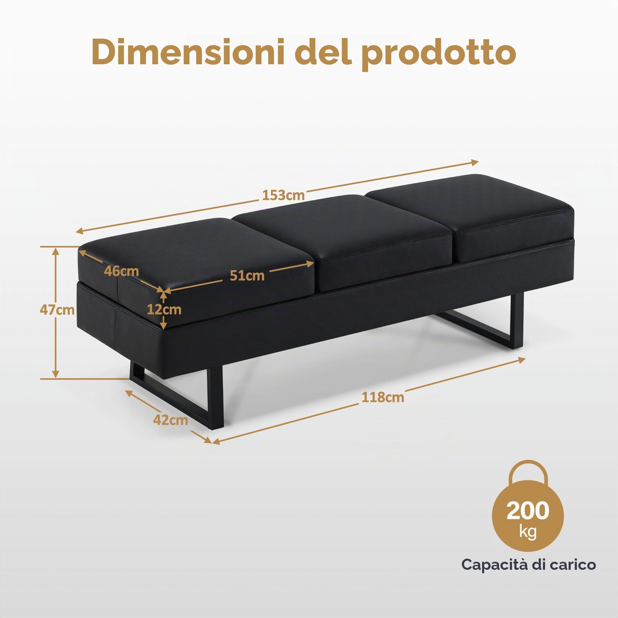 Barberpub 3 posti per salone spa, larghezza 153 cm, banc d'attesa parrucchiere, imbottito per camera, da letto per soggiorno, arredamento parrucchiere W513 (Nero/Finta Pelle)