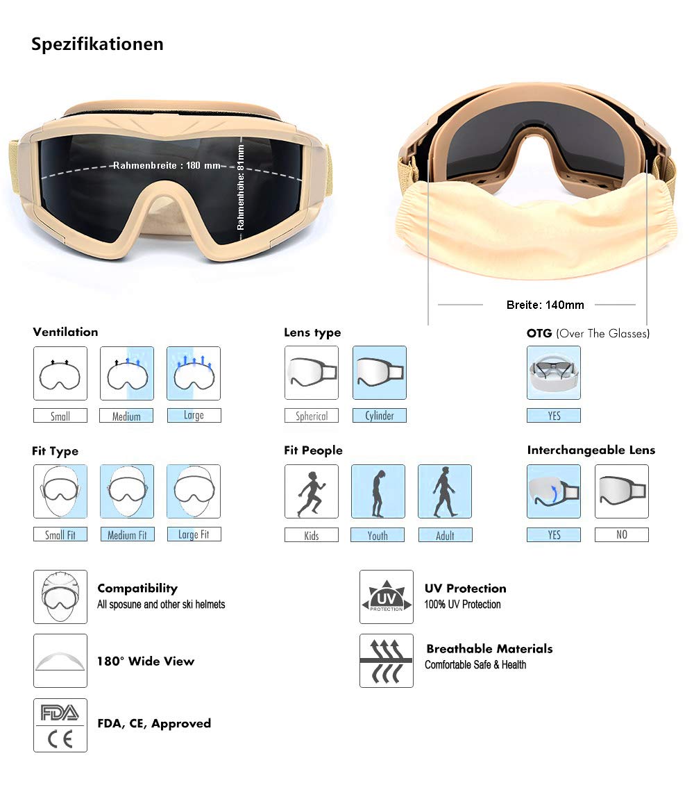 SPOSUNE - Occhiali Tattici Softair, per attività all'Aria Aperta, con 3 Lenti intercambiabili, Resistenti agli Urti, Protezione UV400, per Uomini, Donne, Moto, Campionato, Paintball, Nero