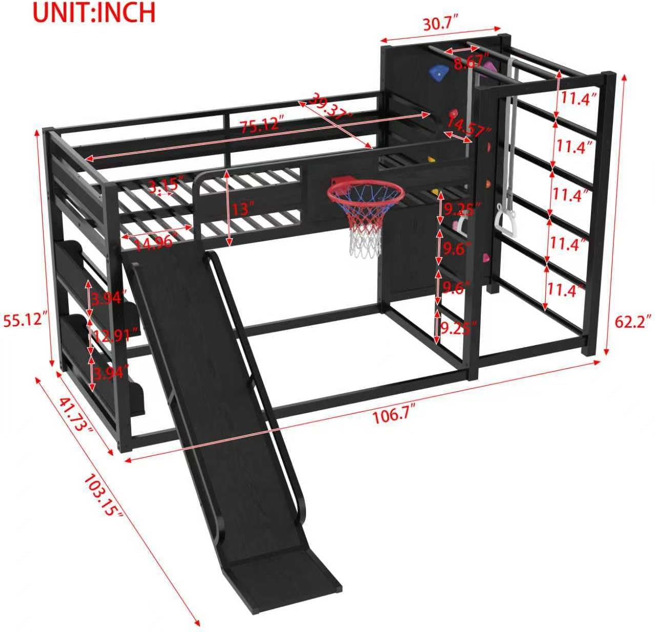 LUMISOL Twin Size Loft Bed with Slide and Basketball Hoop, Heavy Duty Metal Loft Bed with Storage Shelves,Pull-up Rings & Climbing Wall, Jungle Gym Design for Kids, Boys, Girls, Black