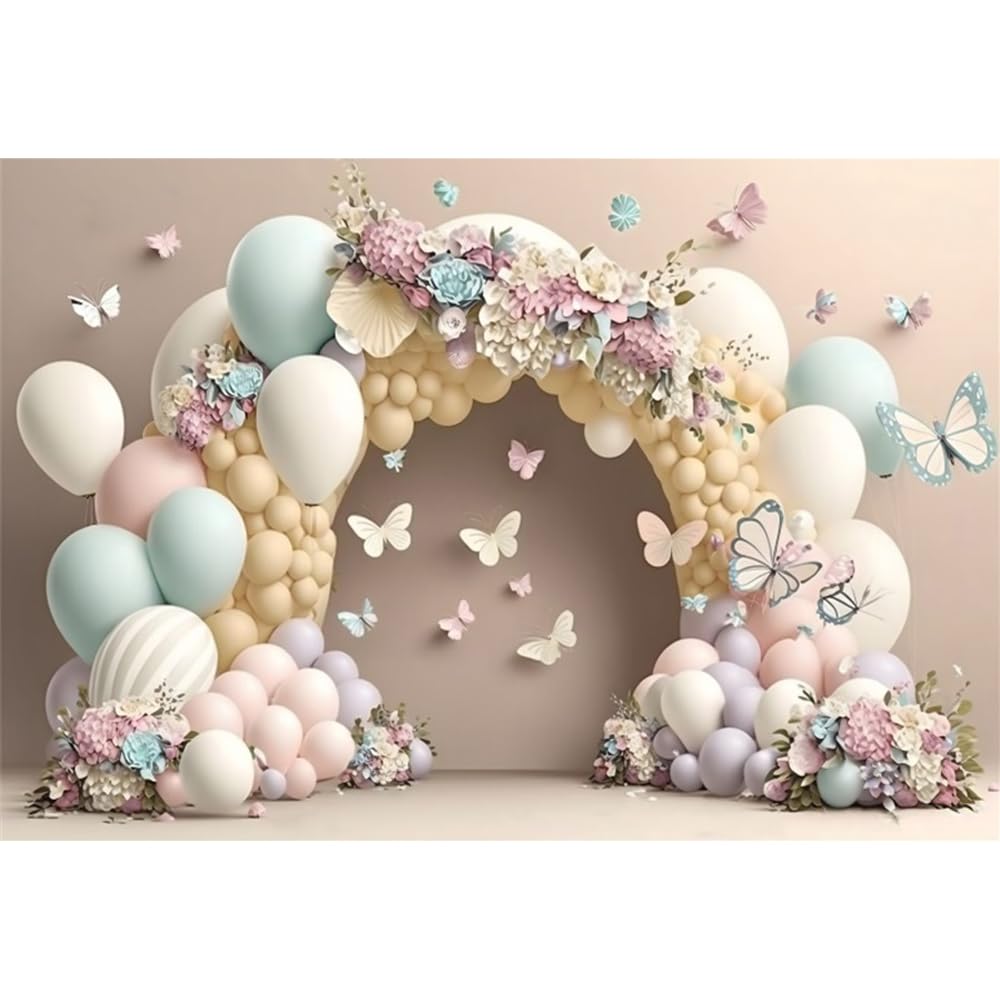 4,5x3m Sfondo fotografico compleanno ragazza 3D colorato palloncino fiore farfalla Sfondo per palloncini con fiori del paese delle meraviglie Bambini ritratto foto studio oggetti di scena