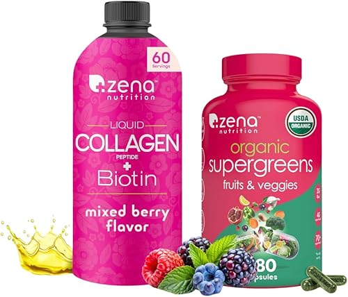 Zena Nutrition Péptidos de colágeno líquido y biotina, bayas mixtas de 20.3 onzas líquidas + suplemento orgánico de frutas y verduras súper verdes,
