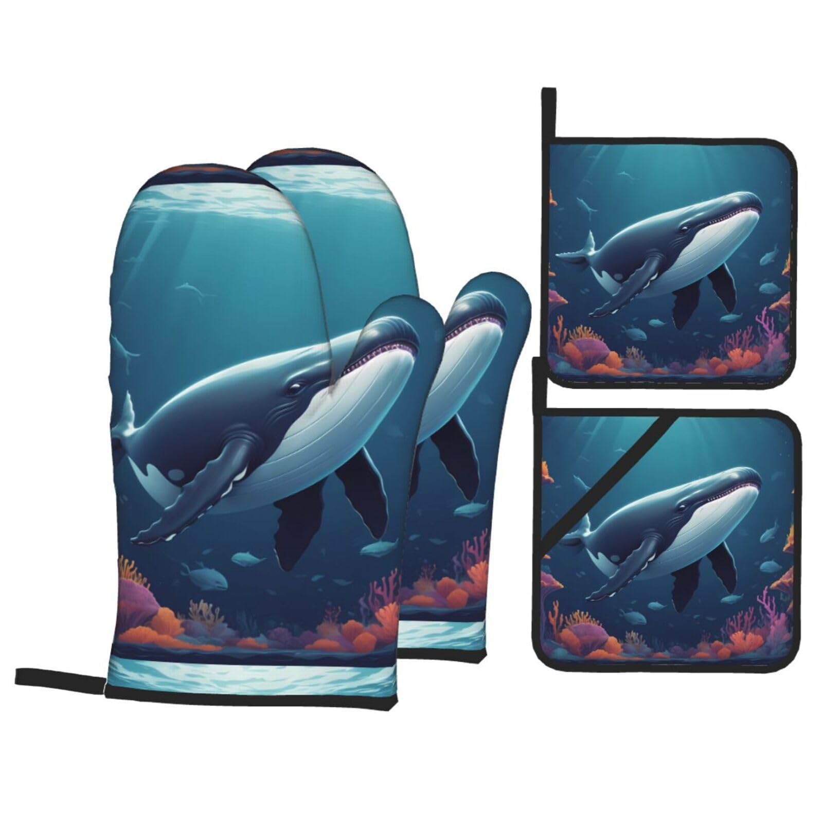 HJFCZH Undersea Whale Picture Kitchen Baking Set of 4 Thick Insulated Oven Mitt & Pot Holders, Anti-Scalding for Microwave, Oven, Outdoor BBQ