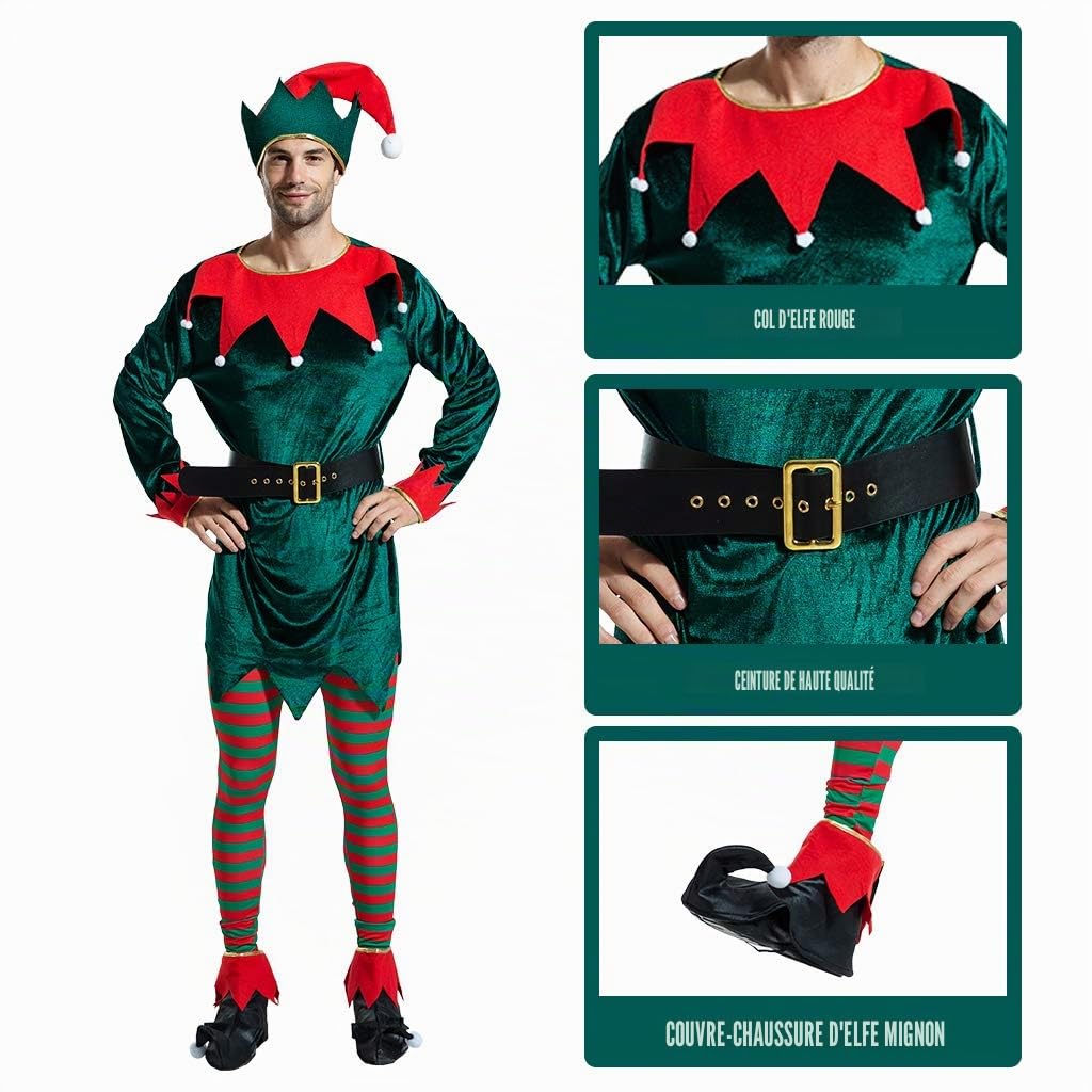 EraSpooky Costume Déguisement de Homme Elfe de Noël Chapeau Bas Chaussure Ceinture Tenue de Fête Drôle pour Adulte