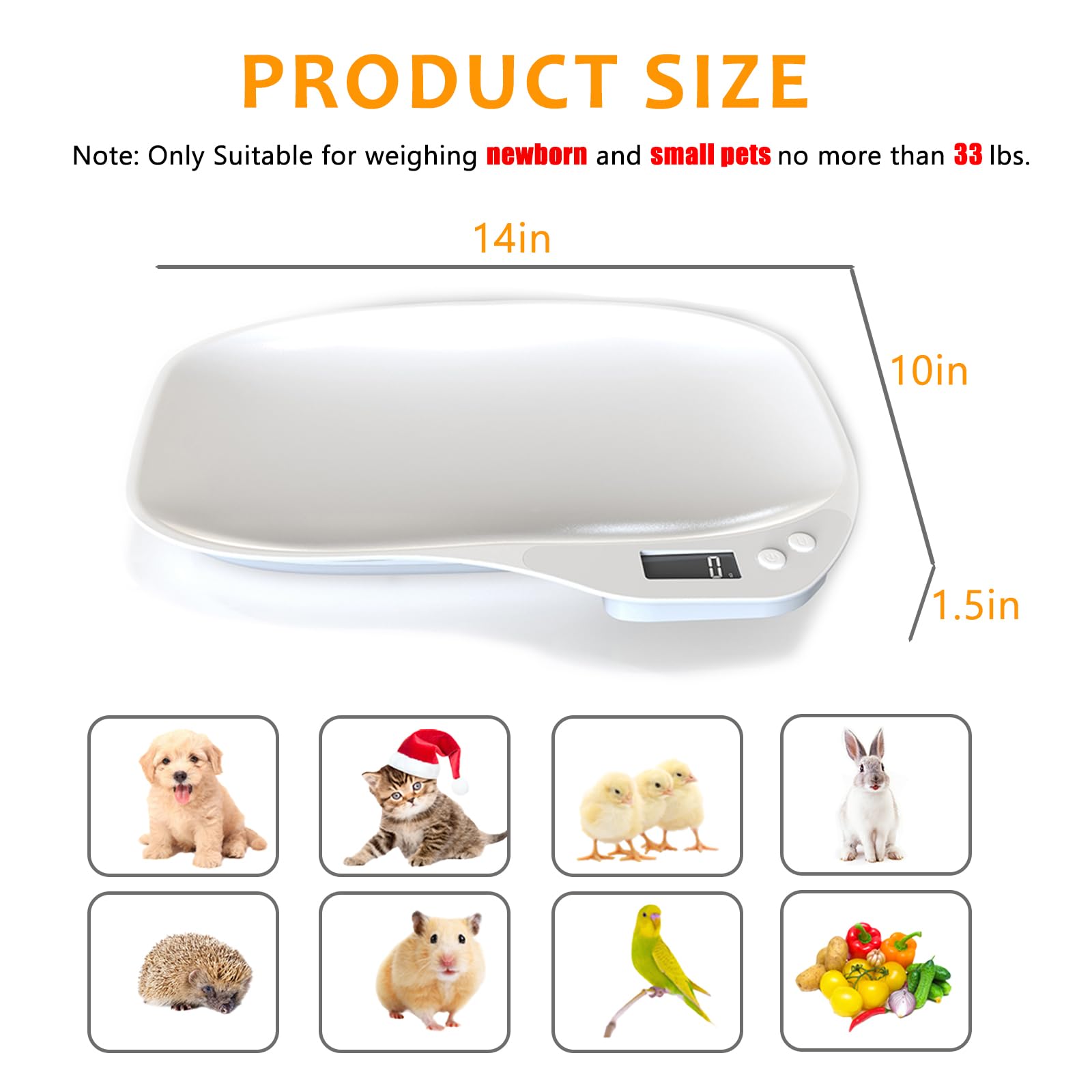 HMRCYTE Small Animal Digital Scale, Pet Scale with LCD Display, Puppy Scale, Electronic Kitchen Food Scale, (Max 33lbs),14 x 10 inches, for Weighing Kitten, Puppies, Hamster, Newborn Pets (White)