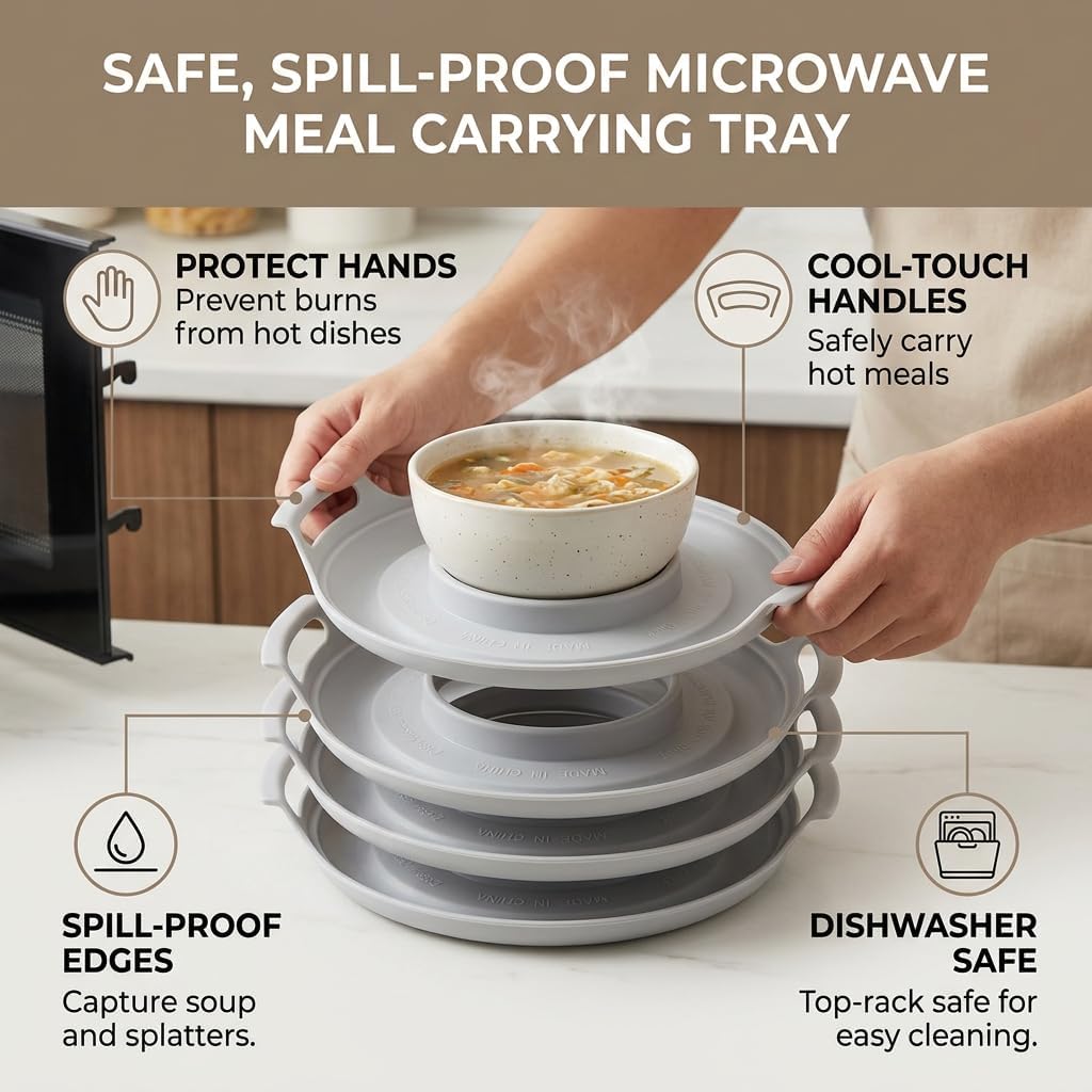 4PCS Microwave Cool Plate with Handles Heat Resistant Bowl Holder Spill Proof Microwave Carrying Tray for Hot Bowls Plates Soup Meals Dishwasher Safe
