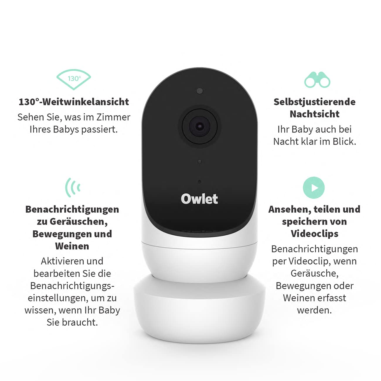 Owlet Cam 2 - Babyphone mit Kamera - mobiles Videobabyphone- steuerbar via App, reagiert auf Bewegung und Weinen des Babys, Weiss … selte HD-Videos - mit Smartphone abrufbar, Weiss