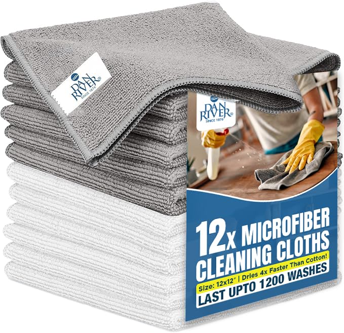 DAN RIVER 12-Pack Microfiber Towels – Ultra Absorbent, Lint-Free &amp; Streak-Free Cleaning Cloths for Home, Car &amp; Kitchen - Must-Have Cleaning Essentials - 12" x 12" - Gray White