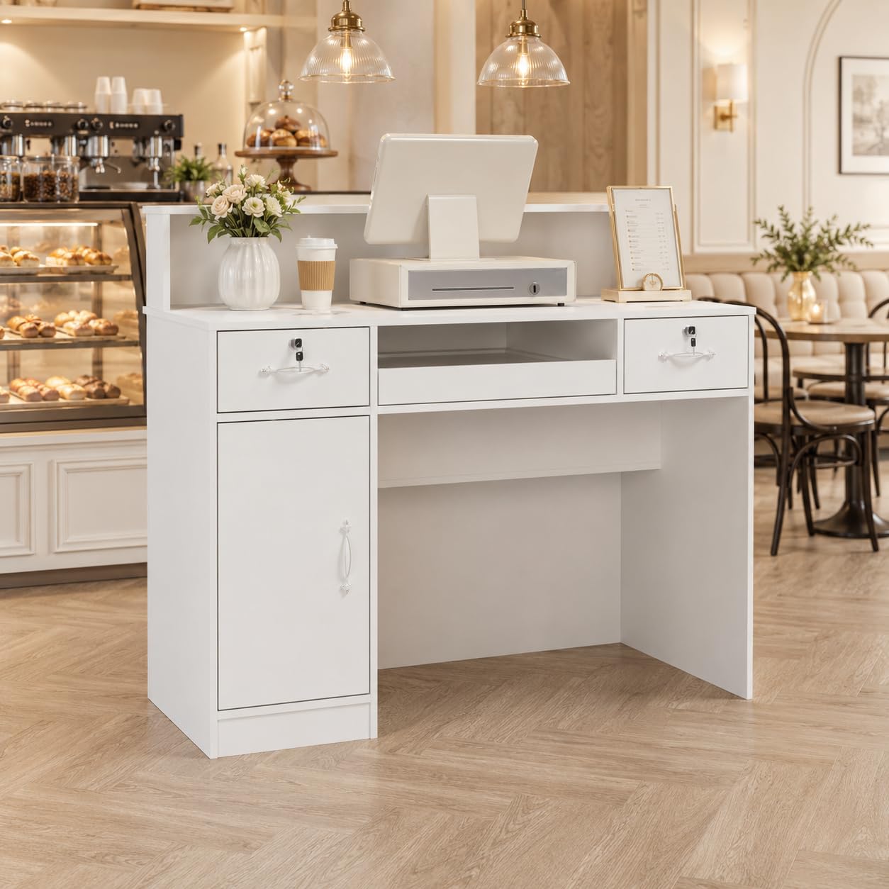 Banco di reception, banco di reception, banco di vendita, sala reception, sala di accoglienza, bancone da ufficio, con grande superficie di lavoro, bianco, legno, 100 cm x 120 cm x 50 cm