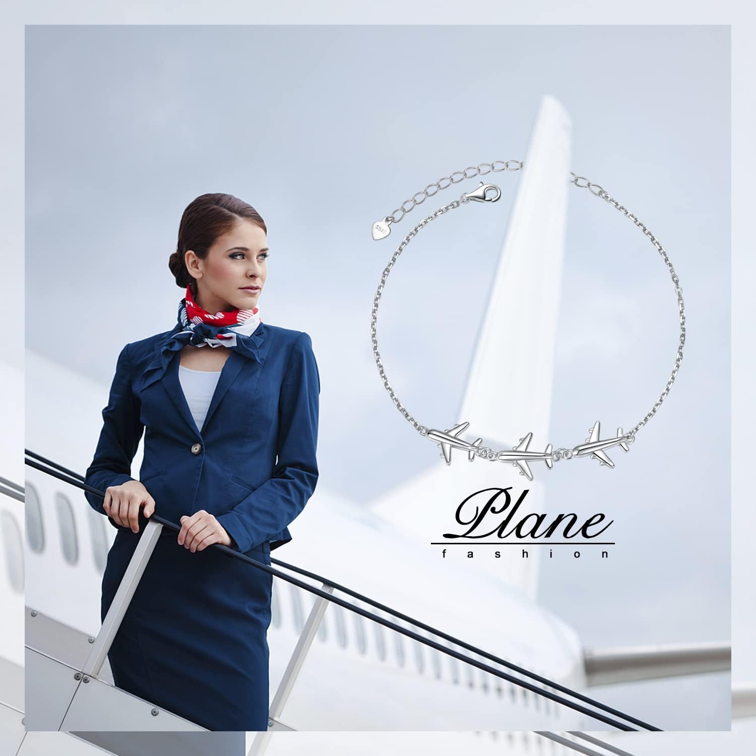 FLYOW Three Airplane Bracelet Hypoallergenic Charm Bracelets Silver for Women Lady Adjustable 7+2 Inches Graduation Birthday Gifts