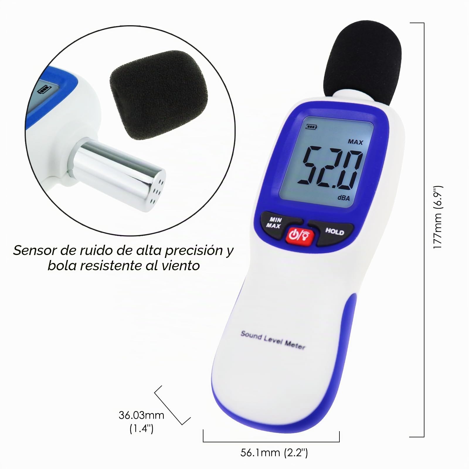 Medidor de decibelios de sonido inalámbrico con aplicación Registro de datos Medidor de nivel portátil Bluetooth 30~130dBA Medidor SPL de alta precisión para aula, oficina, hogar, etc.