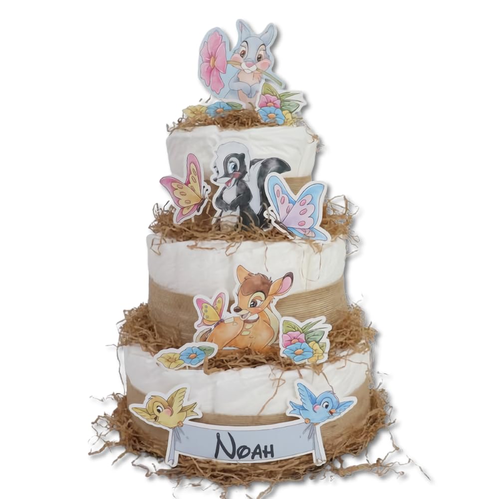 Tarta de pañales 3 pisos modelo BAMBI Y TAMBOR - Regalos para recién nacido - baby shower - TARTAS DE PAÑALES Y MÁS