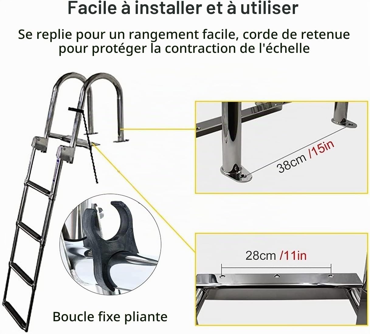 Échelle De Bain Échelle Bateau en Acier Inoxydable, Échelles Piscine Pliable pour avec Main Courante Et Pédale Large 4 Marches Pont Flottante Piscine/Piscine Bateau, Entrée Arrière Marine