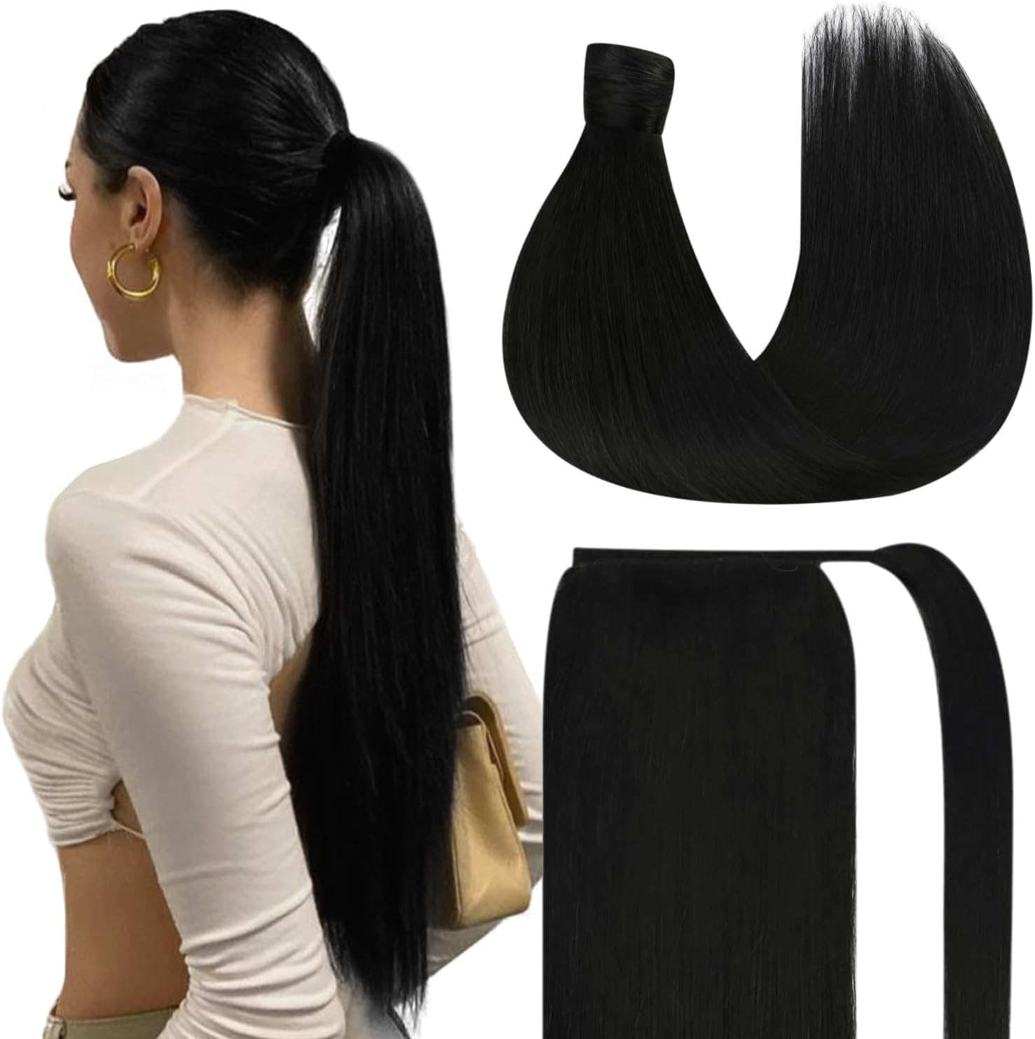 Ve Sunny Ponytail Hair Extensions Clip in Natural Ponytail Extensions Human Hair Wrap Around Extensions Human Hair for Women Jet Black 16 Inch 80g