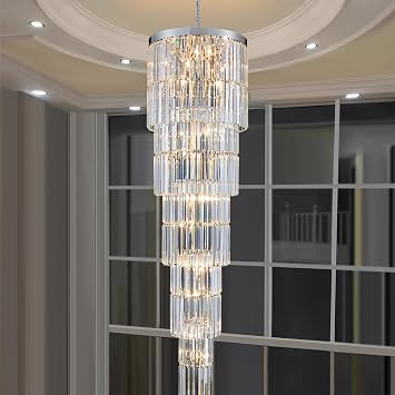 Luxury Modern Long Staircase K9 Chandeliers Silvery Top Design 10-Tier Large Foyer Entrance Chandeliers for High Ceiling Big Crystal ChandelierHeight 78.7 inch 20 Lights