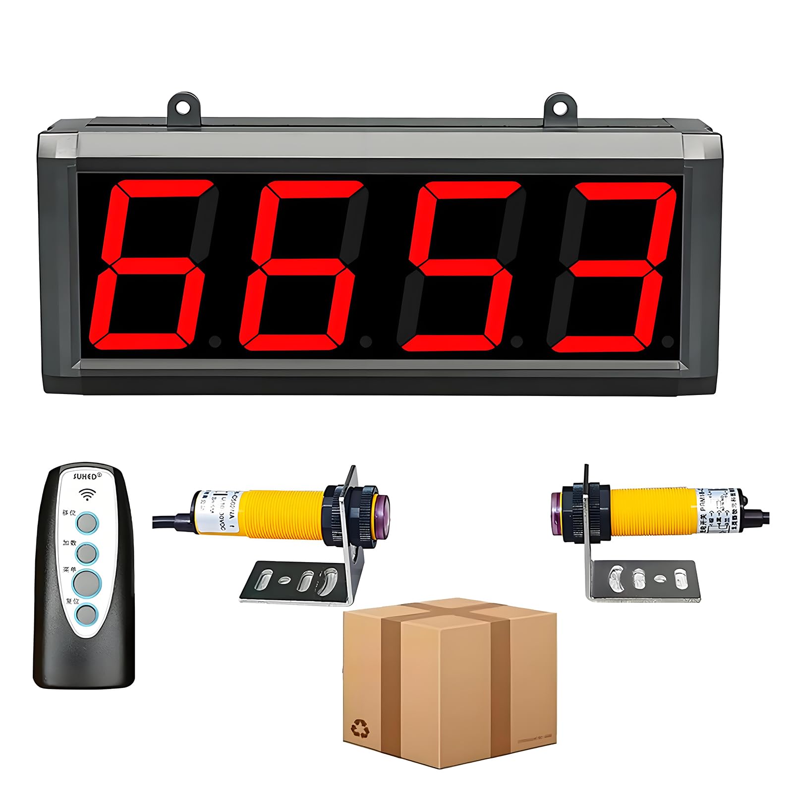 Contador digital para línea de producción con pantalla digital, control remoto, sensor de 5 m, reconocimiento bidireccional y memoria de transferencia de material tras corte de energía.