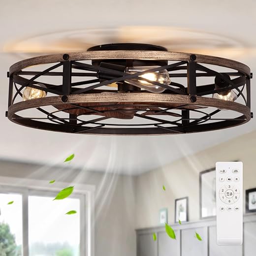 24" Farmhouse Flush Mount Ceiling Fans with Lights, Caged Low Profile Enclosed Ceiling Fans with Lights and Remote, Rustic Large Bladeless Ceiling Fan with Light for Bedroom, Kitchen - ETL