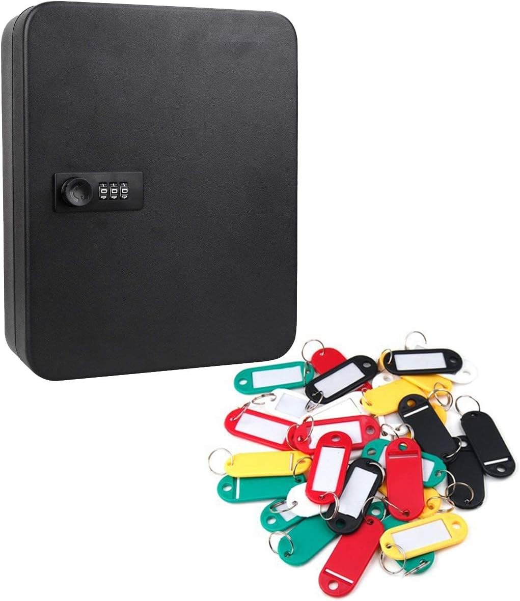 Steel Key Cabinet Security Box Wall Mount with Combination Lock and Radom Color Key Tags-Holds 24 Keys