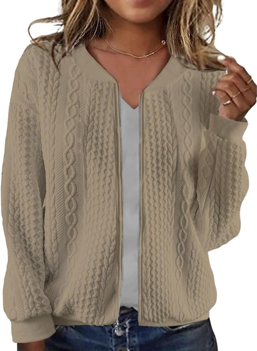 HOTYD Womens Solid Color Zip Up Jackets Long Sleeve V Neck Cable Knit Tops for Women Loose Fit Cardigans Fall Casual Coat
