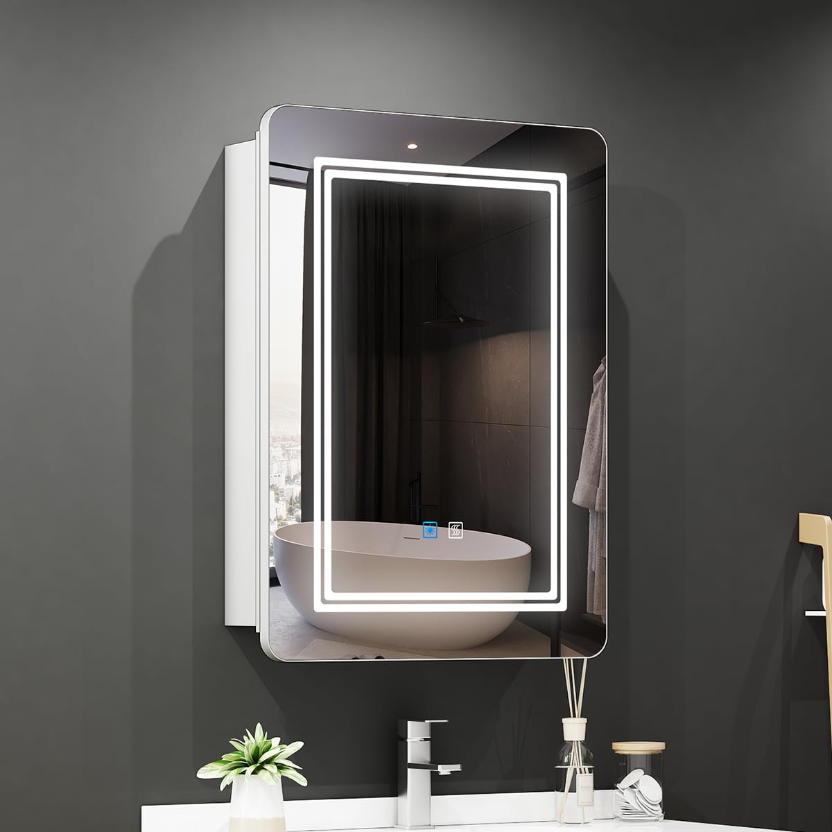 Bathroom Mirror Cabinets with Lights and Shaver Socket 50x70cm, Wall Mounted Mirrored Cabinet with 3 Colour Lighting, Anti Fog, LED Dimmer Switch, Glass Shelves, Waterproof IP44, White