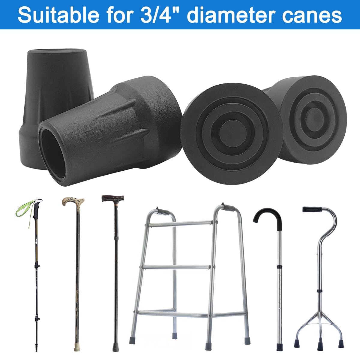 Paquete de 4 puntas de repuesto para bastón, puntas de goma para bastones, bastones de caminar, accesorios para bastones de caminar (negro, punta de 3/4 pulgadas)