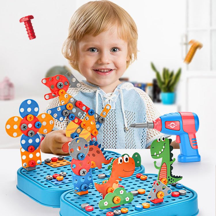 Image of Cable World Dinosaur Theme Creative Drill Set - 2-in-1 3D Building Blocks & 2D Puzzle - STEM Educational Construction Toy with Screwdriver & Portable Case for Kids 3+ Ideal for Gifting