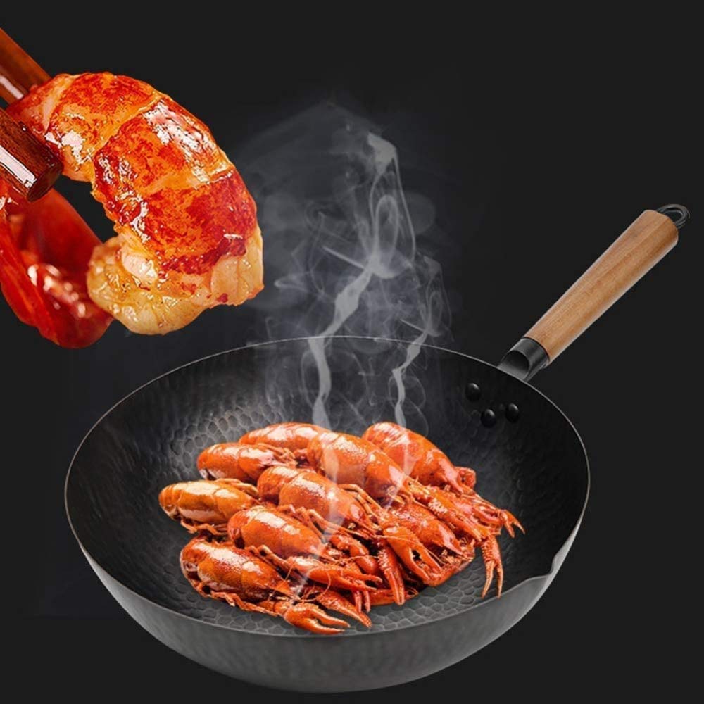 Handgehämmerter Eisen-Wok mit Holzdeckel, vorgebrannte Gusseisen-Bratpfanne zum Braten, Kochen und Frittieren