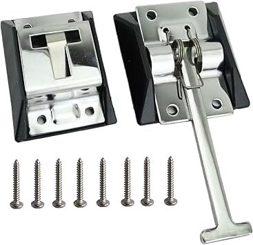 RV Trailer Door Holder Stainless Steel T-Style Catch 5.1 Entry Door Catch for RV Camper Trailer Exterior Door Hold Hook & Keeper | Hook and keeper holds doors open; UV-stabilized ABS backing; replaces sun-damaged catches; mounting hardware included