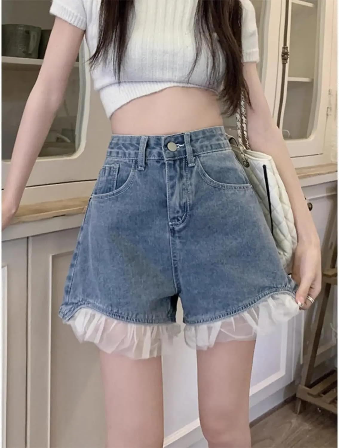 Lace Denim Shorts for Women A-line High Waist Wide-Leg A-line Pants