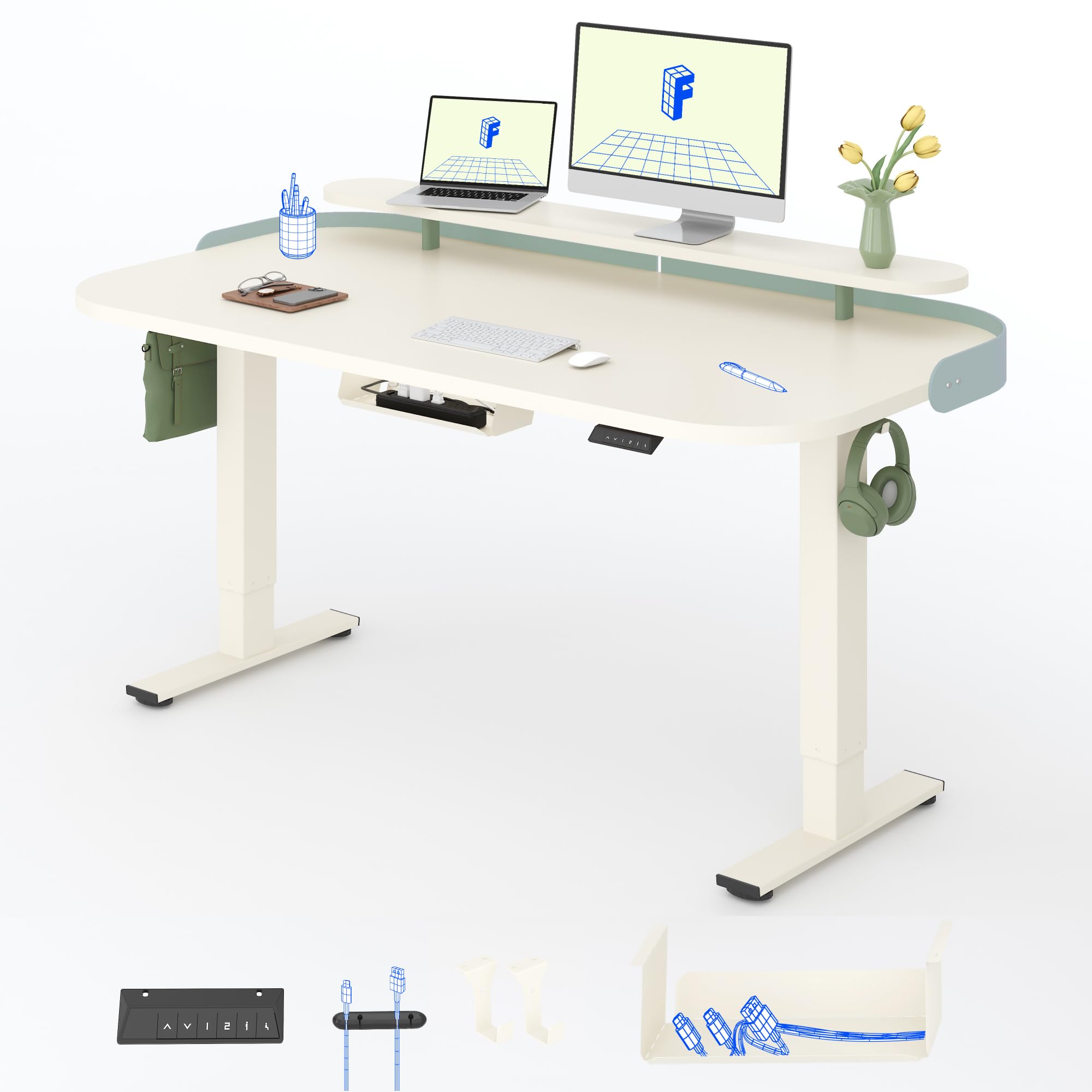 FLEXISPOT Elektrisch höhenverstellbarer Schreibtisch– mit Monitoraufsatz und seitlichem Lederband