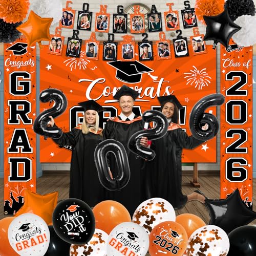 Image of 2026 Graduation Decorations, Orange Themed Class of 2026 Decorations Set, Congrats Grad Backdrop, Photo Banner, Door Banner, Balloons and Pom Poms Supplies for High School College Graduation Party