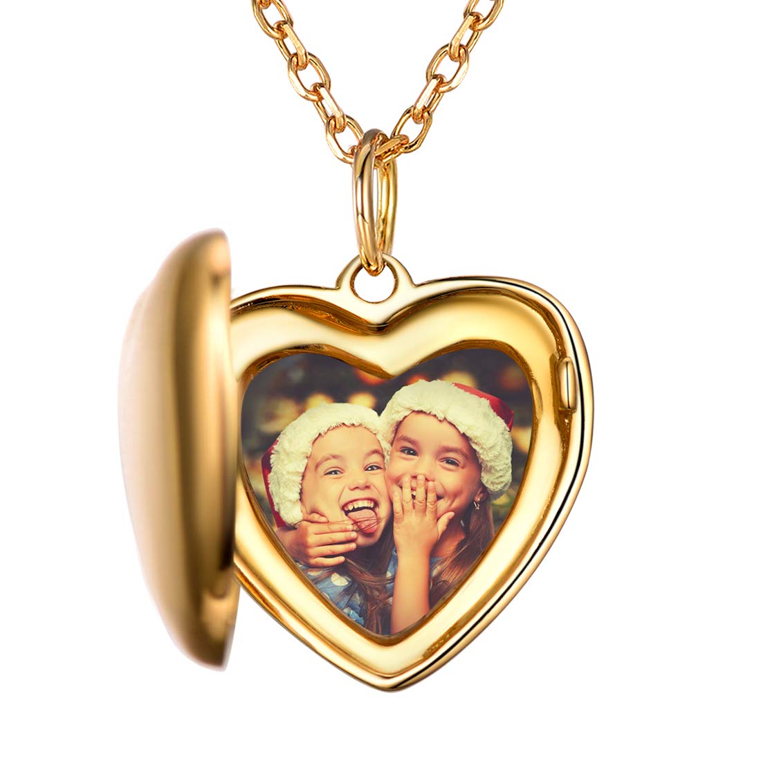 SILVERCUTE Damen Collier 925 Sterling Silber/18k vergoldet Foto Gravur Kette personalisiert Herz/Runde/Oval Medaillon Anhänger mit 1,5mm 45cm Rolokette einzigartiges Schmuck Geschenk für Mädchen