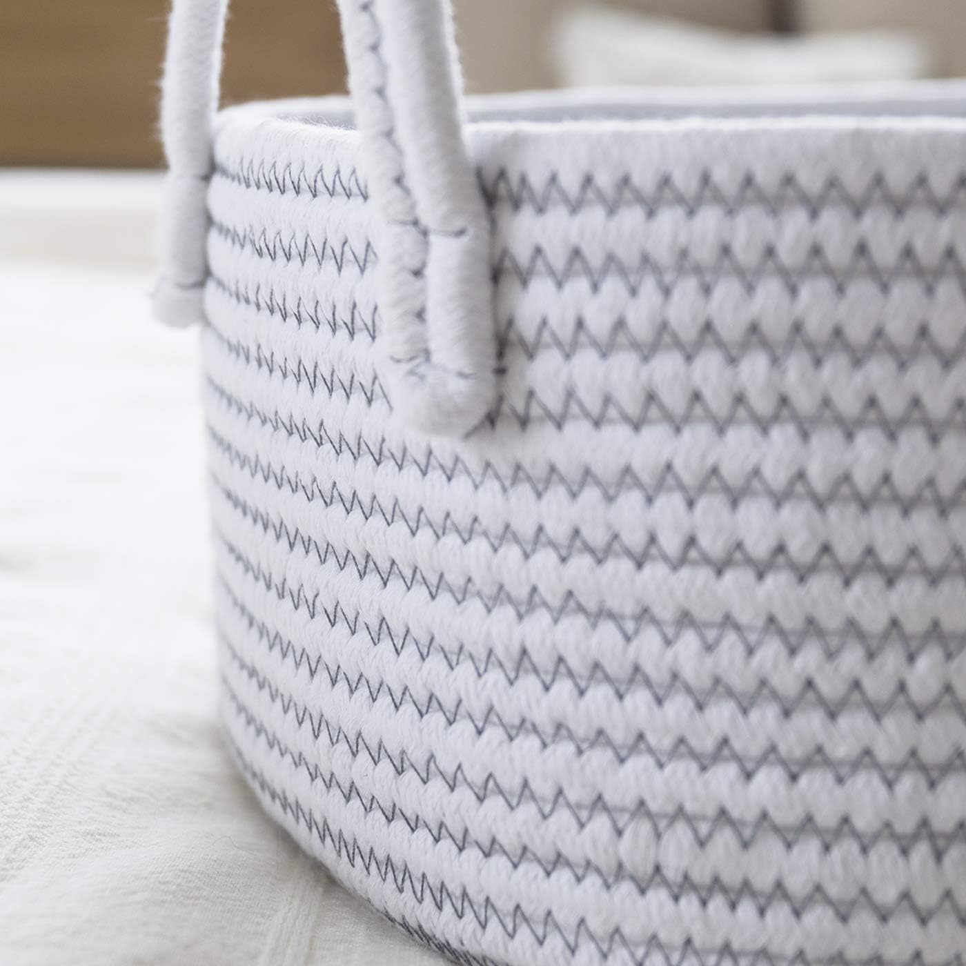 LA JOLIE MUSE 14 Inch Cotton Rope Woven Storage Basket Set of 3, Multipurpose Organizer Bins with Handles, White with Zig Zag Line Pattern