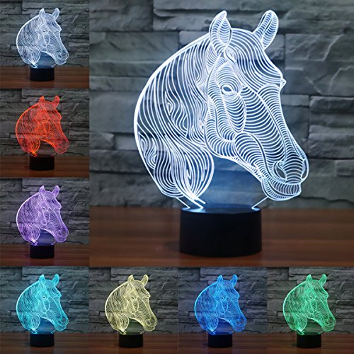 3D Optical Illusion Lampe LED Nachtlichter Pferdekopf Modell, LSMY Touch Tischlampe Haus Dekoration 7 Farben Einzigartige Lichteffekte 1.5m USB Kabel zum Kinder Geschenk