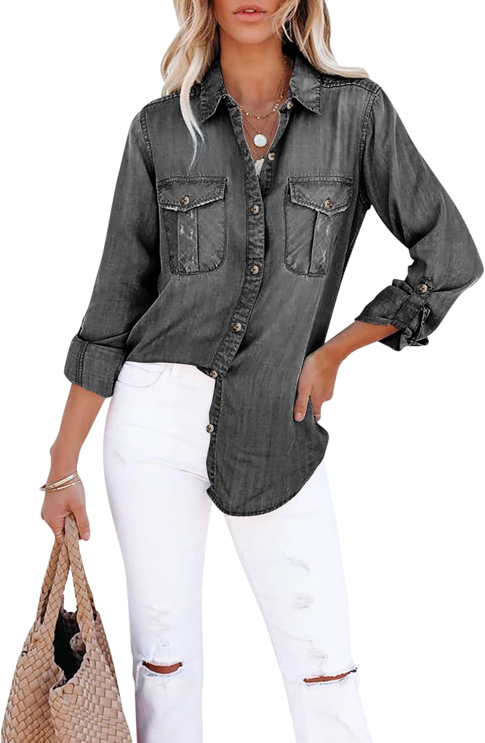 Camisa vaquera runcati con botones para mujer manga larga enrollable casual  extragrande chaqueta tipo t nica desgastada