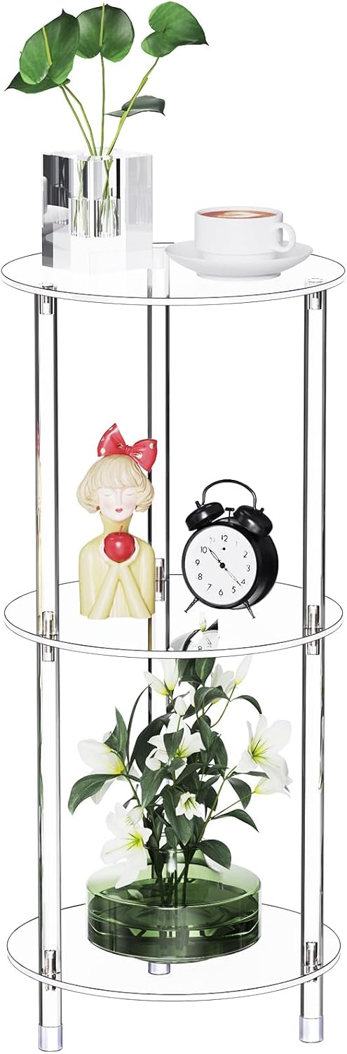 Clear Round Acrylic Side Table for Small Spaces, 11.81" L x 11.81" W x 26.7" H, 3 Tier Small Modern Drink End Table Nightstand, Minimalist Bedside Table for Living Room, Bedroom, Bathroom