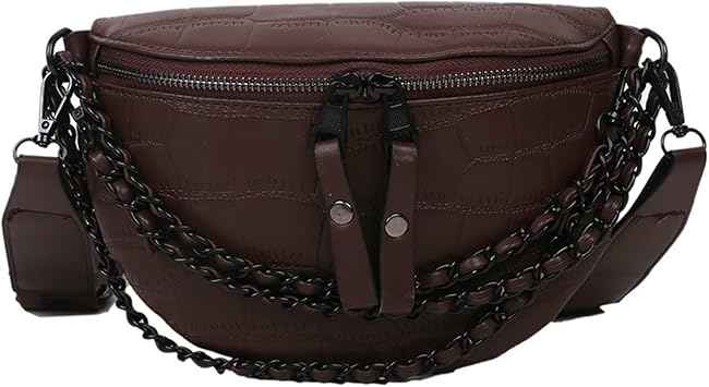 Leather Fanny Pack Bag for Women, Chain Belt Bag Chest Purse Fashionable Crossbody Waist Bags Handbag for Everyday Use Trip Walking Hiking