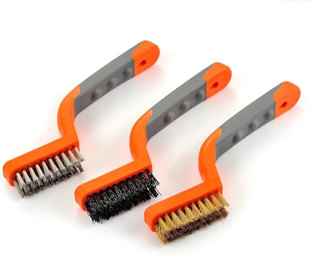 Wire Brush 3 Pcs Brass/Stainless Steel/Nylon Wire Brushes for Cleaning Rust Bristle Brush Set with Rubber Curved Handle Grip Used for Dirt, Paint Remover (Orange+ Gray)