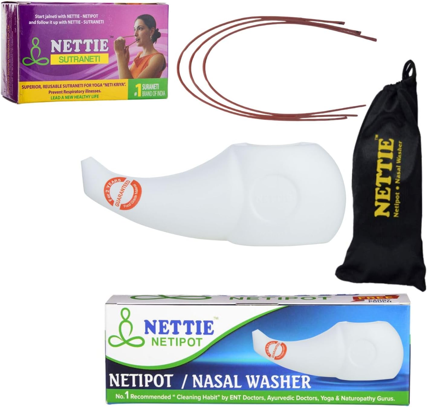 NETTIE Neti Kriya Combo | Jal Neti Pot (300ml, BPA-Free) + 3 Sutra Neti Rubber Catheters | With Pouch & Guide | Nasal Cleansing for Sinus, Cold & Allergy Relief | Food Grade & Travel Friendly