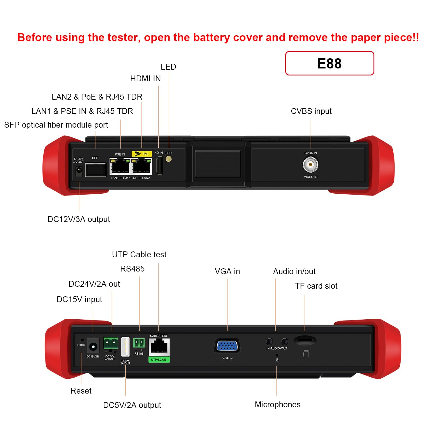 Testeur de caméra IP 4K 12 MP 90 W PoE Puissance de sortie 20,3 cm Écran tactile CCTV Testeur SFP Module fibre optique Port RJ45 Câble TDR Test WiFi Outils réseau (E88)