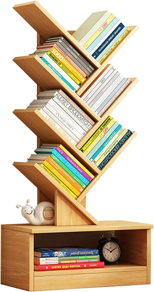 TOMVAES 8-Tier Tree Bookcase, Bamboo Wood Book Rack with Modern Book Storage, Storage Shelves in Living Room for CDs, Movies, Books, Free-Standing book shelf Organizer for Home, Office