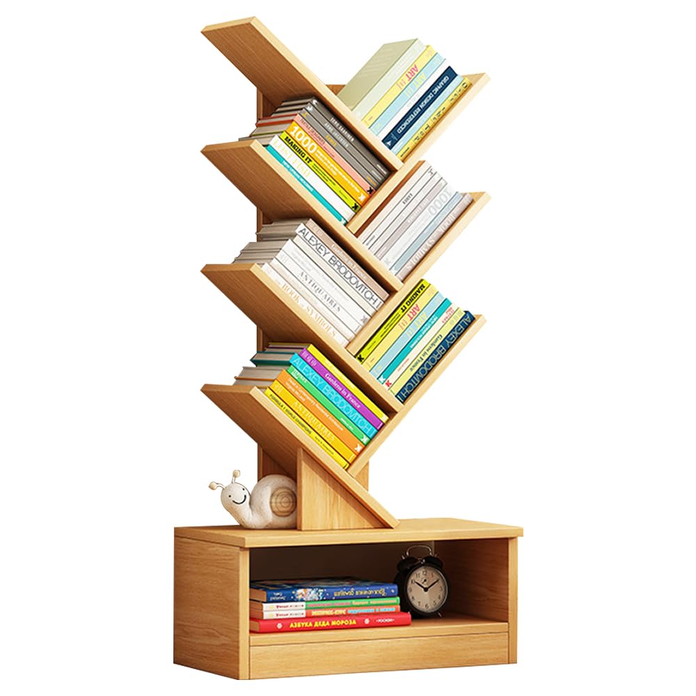 TOMVAES 8-Tier Tree Bookcase, Bamboo Wood Book Rack with Modern Book Storage, Storage Shelves in Living Room for CDs, Movies, Books, Free-Standing book shelf Organizer for Home, Office