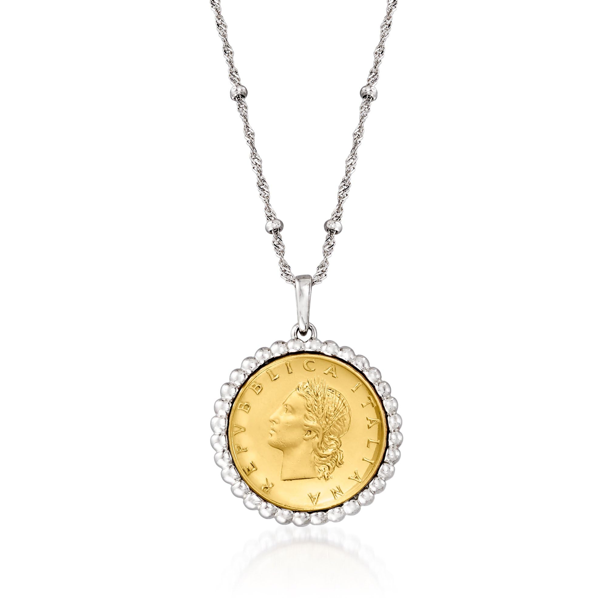 Italian Genuine 20-Lira Coin Pendant Necklace in Sterling Silver. 18 inches