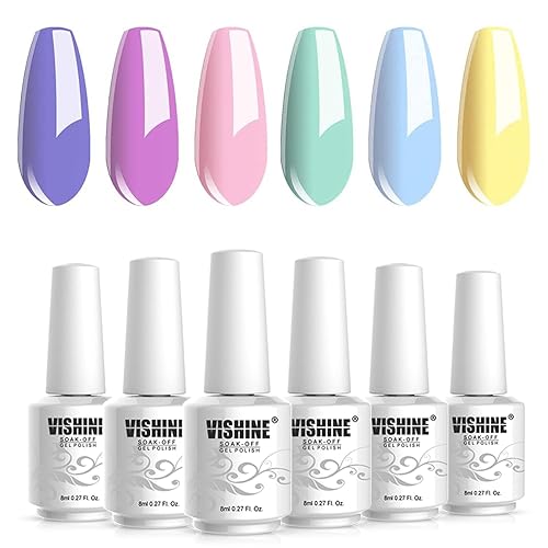 Miniatura 5 de Vishine Juego de esmaltes de uñas de gel, serie Macaron, 6 colores, popular lila, rosa, azul, amarillo, colores brillantes frescos, a la moda, UV