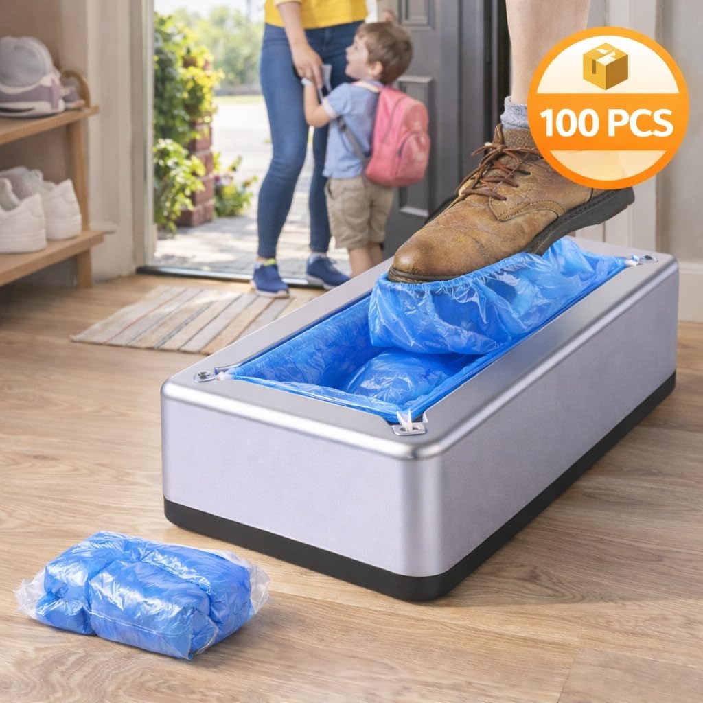 Automatic Shoe Cover Dispenser with 100pcs Disposable Shoe Covers, Heavy Duty, Hands-Free, Fits Most Shoe Sizes, Durable Non-Electric Design for Home, Office, Clinic, Workshop