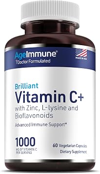 AgeImmune Vitamin C 1000mg Complex with L-Lysine 500mg, Zinc 12mg, Bioflavonoids 300mg. Doctor Formulated Magnesium Stearate Free Supplements for Healthy Immune System Support.1