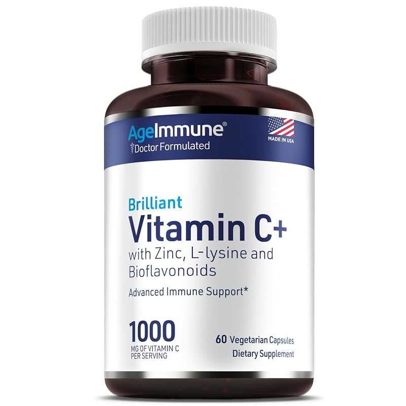 AgeImmune Suplemento para a Imunidade com Vitamina C 1000 mg, L-Lisina 500 mg, Zinco 12 mg e Bioflavonoides 300 mg, 60 cápsulas