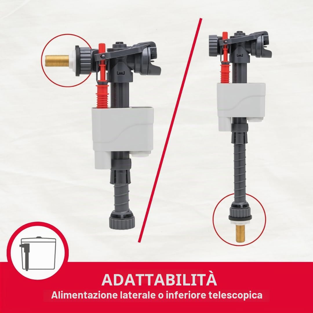 Wirquin 10723598 Caccia d'acqua wc completo meccanismo wc doppio caccia MW2 & rubinetto galleggiante a doppia alimentazione Doblo, grigio e rosso