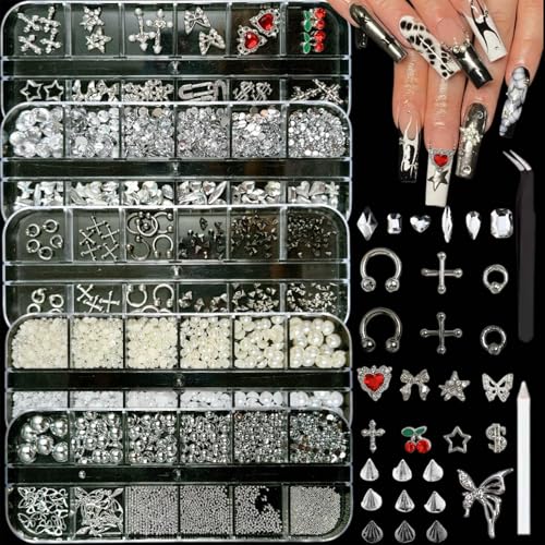 Silver Nail Charms Y2K Kit, 5 Boxen 3D Nail Charms Edelsteine Strasssteine für Nail Art Zubehör, Silber Piercing Kreuz Charms für Nägel Design Star,...
