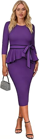 Women's Vintage Church Bodycon Pleated Crew Neck Work Midi Pencil Dress