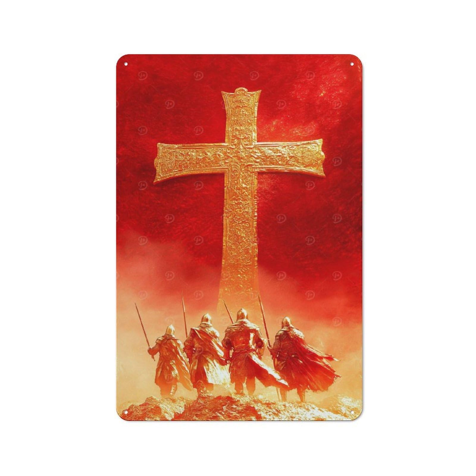 Junmoney Golden Cross Knights Workshop Style Tin Sign 30X20cm, Garage Wall Decor For Tool Room, Garage, Studio Or Home Bar